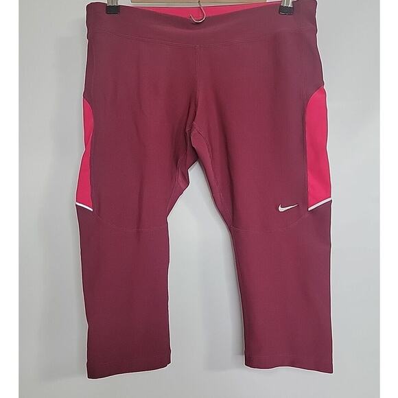 NIKE RUNNING DRI-FIT CROPPED LEGGINGS MAROON & PINK SIZE LARGE EUC - Picture 1 of 8